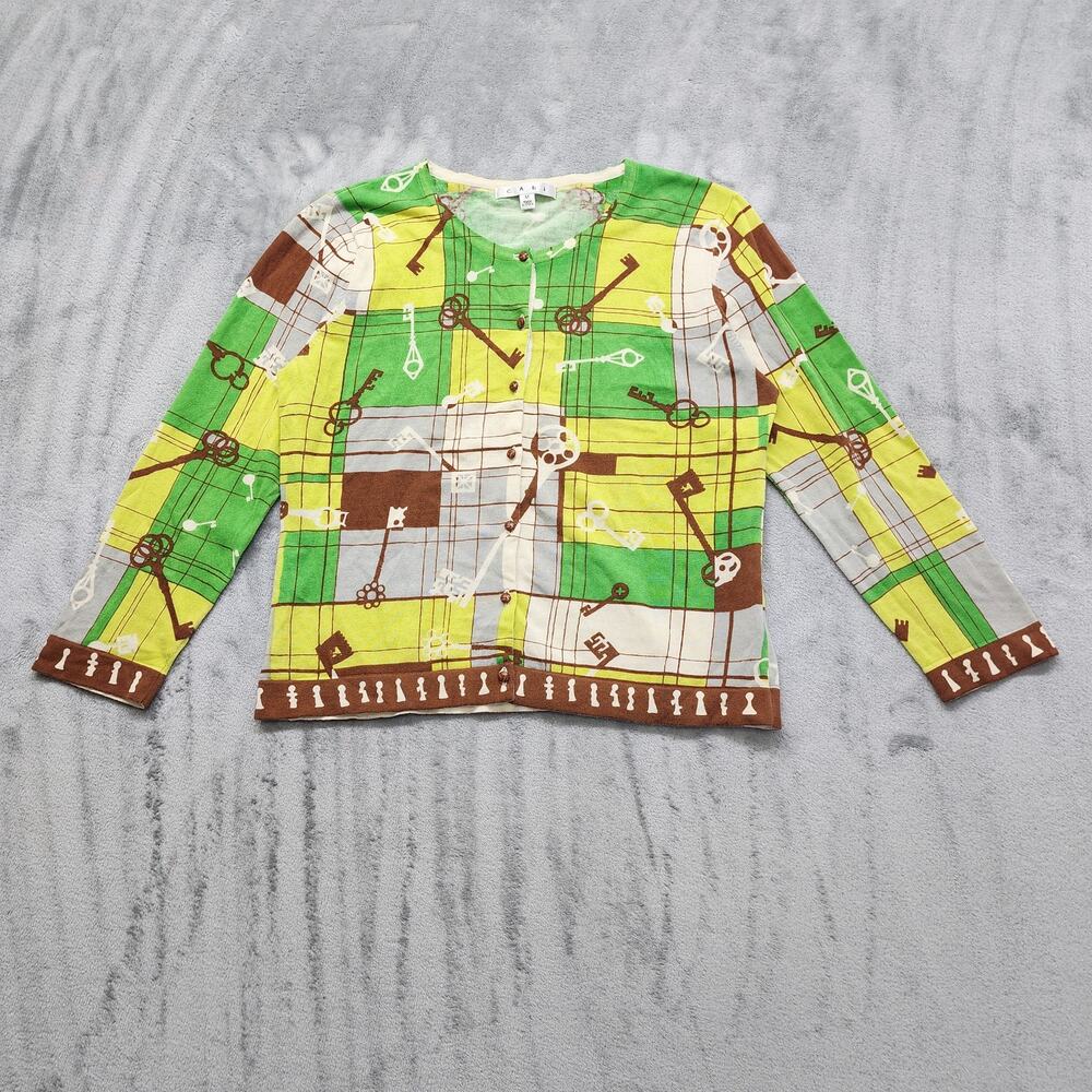Cabi 861 Crew Neck Crop Sleeve Skeleton Key Print Cardigan Size M Green Cotton